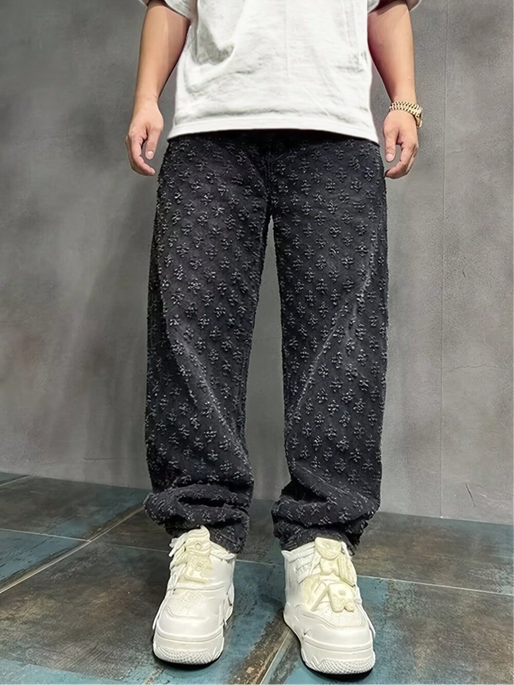 Black Avant-Garde Geometric Button Zipper Fly Loose Fit Mid-Waist Straight Jeans - Picture 5 of 5
